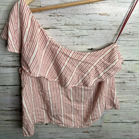Gentle fawn pink striped ruffle one shoulder blouse top size xs - Picture 6 of 6